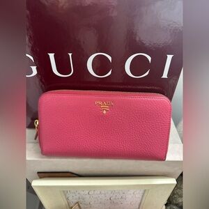 Prada Pink Pebbled Leather Zip Around Wallet Gold Logo Authentic